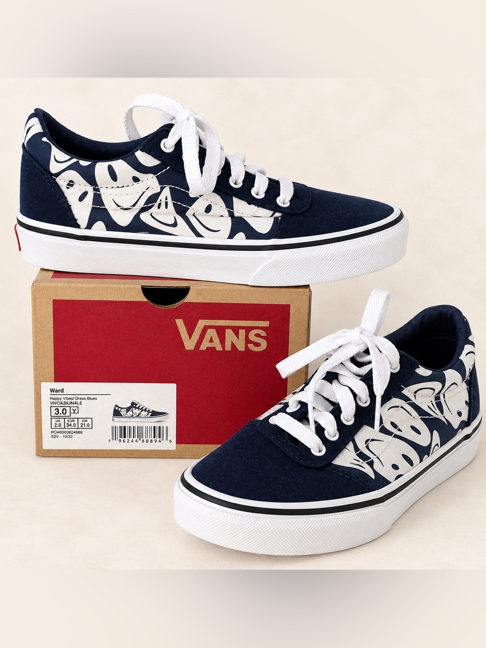 Vans Youth Low-Top Sneakers in ‘Happy Warped’ - Navy Blue w/ White Smiley Faces